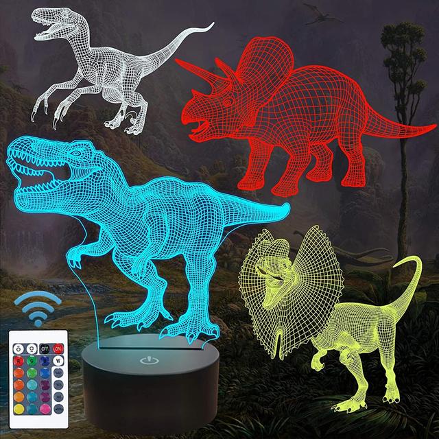 TEMU 4pcs Dinosaur 3d Night Light (4 Patterns) With 1 Base, Remote Control & 16 Colors Changing & Dimmable Function & Gift Wrap, Birthday Gifts For Boy Girl