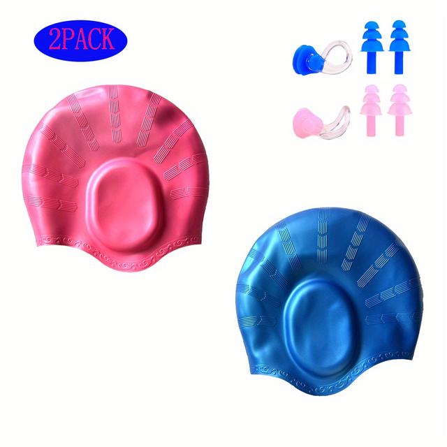 TEMU 2pcs Silicone Swim Caps With Waterproof, 3d Fit Design For With Long Hair, Includes Caps + Earplugs