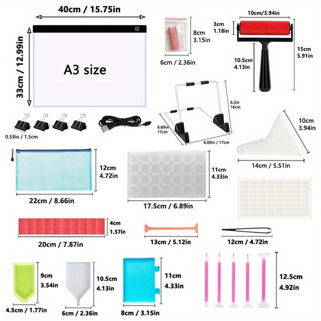 TEMU 52pcs Herramientas de Pintura de Diamante 5D, de Luz LED, Accesorios de Pintura de Diamante con de Bordado de Diamante de 28 Rejillas y Rodillo de Pintura de Diamante para Niños y Adultos
