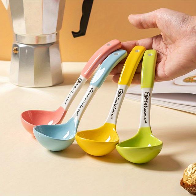 TEMU 4pcs, Soup Spoon, Ceramic Soup Spoon, Cute Ceramic Soup Spoon, Kitchen Soup Spoon With Long Handle, Hangable Soup Spoon For Noodles, Kitchen Stuff, Kitchen Gadgets
