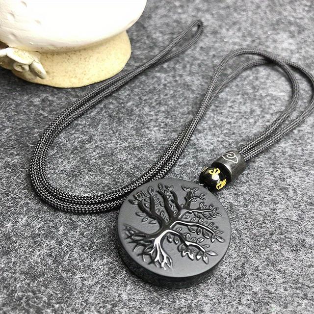 TEMU Men's Natural Obsidian Tree Of Life Pendant, Frosted Tree Of Life Necklace Pendant, Obsidian Tree Of Life Necklace Pendant Ornament
