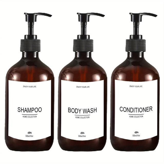 TEMU 3pcs Refillable Shampoo Conditioner Body Wash Dispenser Bottles With Pump, Bathroom Lotion Dispenser Container With Waterproof Labels 500ml/16.9oz