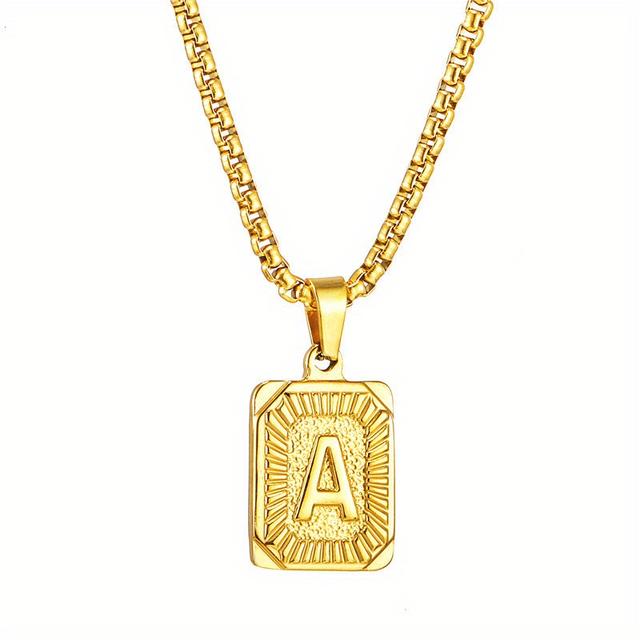 TEMU 1pc A-m Square Double-sided Initial Letter Necklace 24'' Chain Stainless Steel Alphbat Necklaces For Women Men Jewelry Gift
