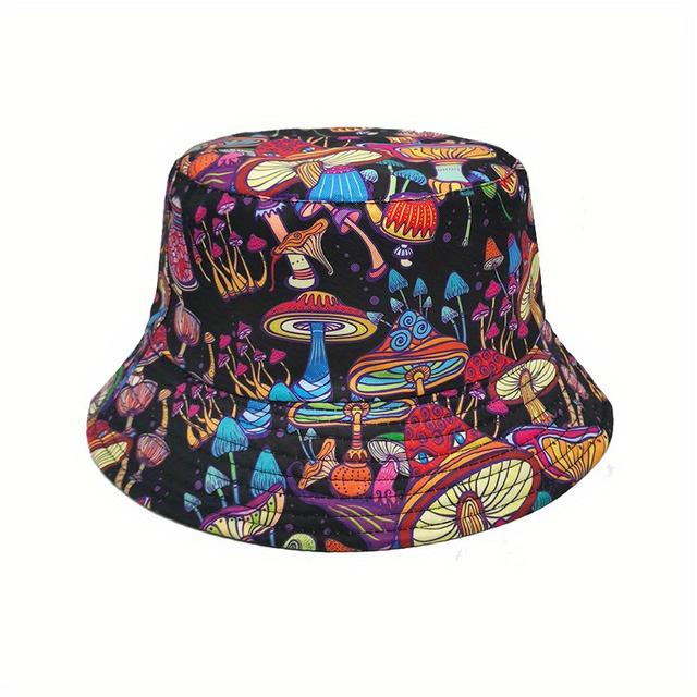 TEMU Mushroom Print Reversible Bucket Hat Hip Hop Graffiti Casual Fisherman Cap Unisex Basin Hats For Women Men