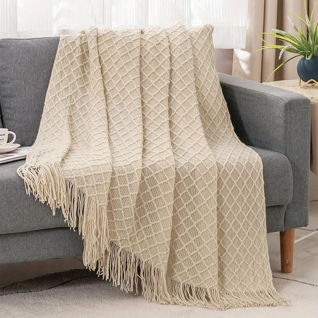 TEMU Spring Summer Diamond Throw Blanket With Fringe Soft Acrylic Textured Decorative Blanket For Couch Bed Sofa Home Decor 50x60 60x80 Inches