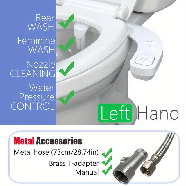 TEMU Hicheon Left Hand Bidet Toilet Seat, Fresh Water Sprayer, Non-powered System Kit, Dual Nozzle Cleaning Strap, 1/2 Adapter