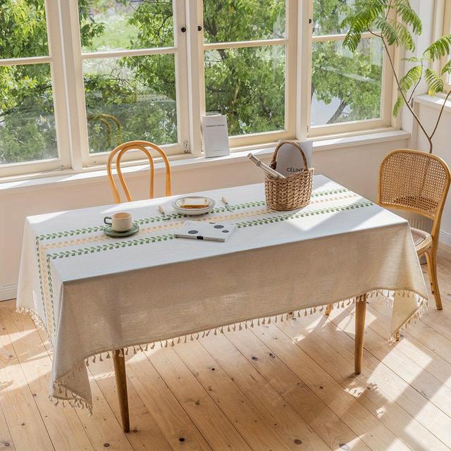 TEMU 1pc Stickerei Herbstblatt Blumenmuster Tischdecke, Ästhetische Runde Tischdecke, Stoffmaterial, Maschinell Hergestellt, Für Esszimmer