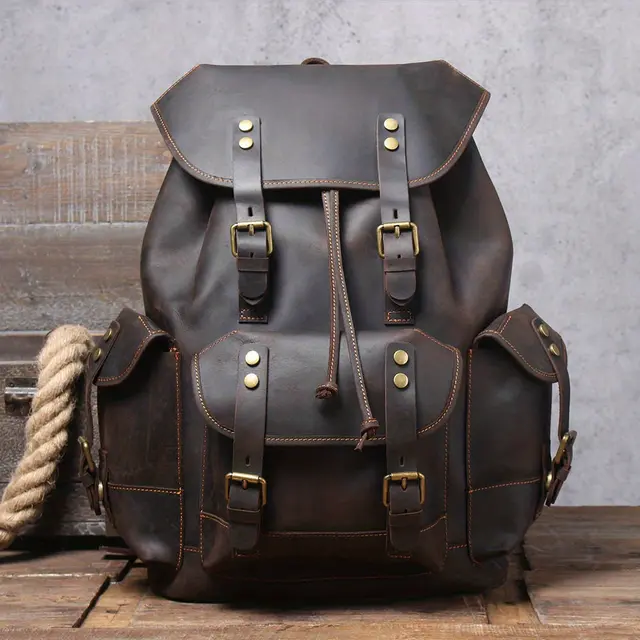 TEMU Vintage Rucksack für Herren aus echtem Leder im Retro-Stil, Reisetasche aus Crazy-Horse-Rindsleder, Herrenrucksäcke