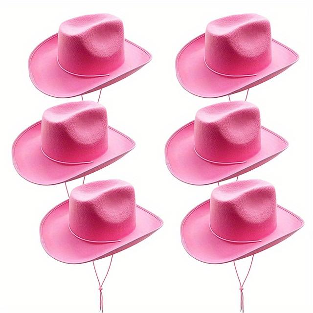 TEMU Set Of 6 Solid Color Felt Cowboy Hats With Adjustable Neck Straps, Suitable For Weddings, Stage Performances, Music Festivals, Bachelorette Parties, And Outdoor Hiking Leisure.