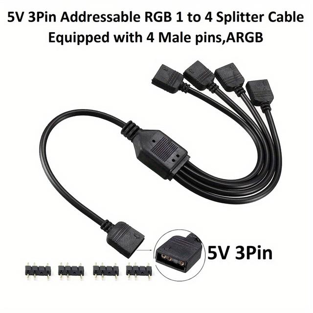 TEMU 5v 3pin Addressable Rgb Splitter Cable, Y-shaped Extension Cable For Fans And Pc Led Strips, Connector For Led Strips And Argb Fans, Comes With 4 Male Pins, Argb