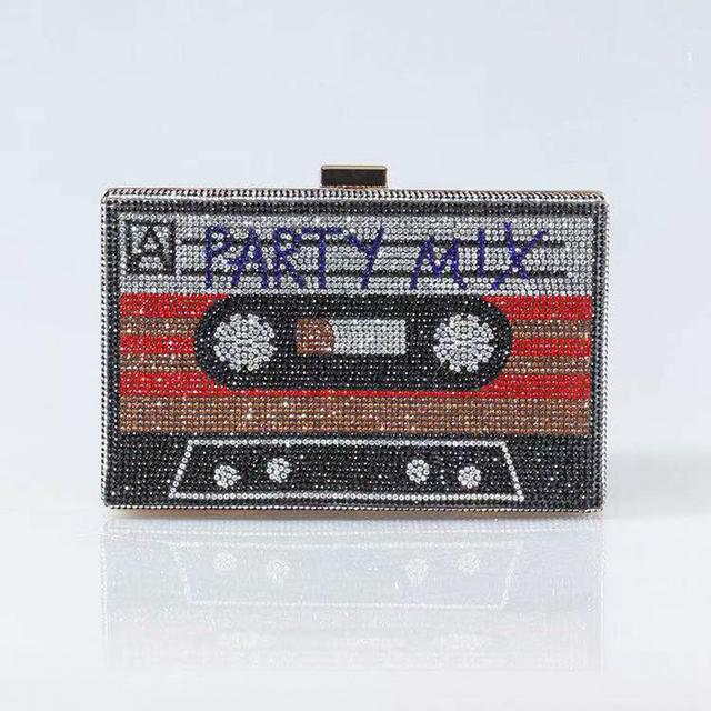 TEMU Vintage Tape Shaped Evening Bag, Glitter Rhinestone Prom Purse, Radio Recorder Chain Crossbody Bag For Carnaval Use And For Music Festival