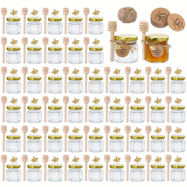 TEMU 20pcs/30pcs/50pcs/60pcs, 1.5oz Mini Hexagonal Glass Honey Jar With Spoon, Bee Charm & Thank You Card - Golden Lid Honey Pot For Shower, Wedding