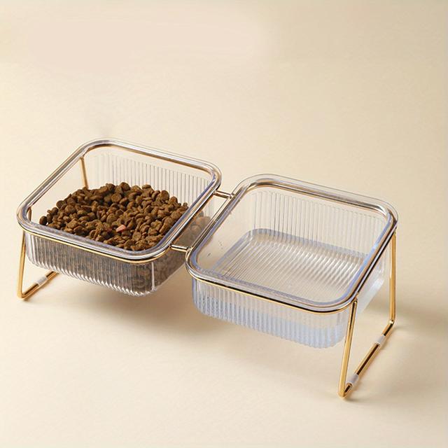 TEMU Pet Mouth Iron Dog Double Bowl Transparent Food And Water Dish With Slanted Neck Protection