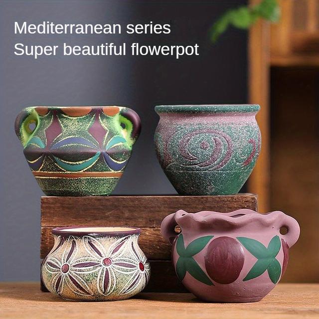 TEMU 4pcs Hand Painted Succulent Planter - 4pcs Retro Succulent Planter - Hand Painted Vintage Flower Pots For Home Garden Patio Deco