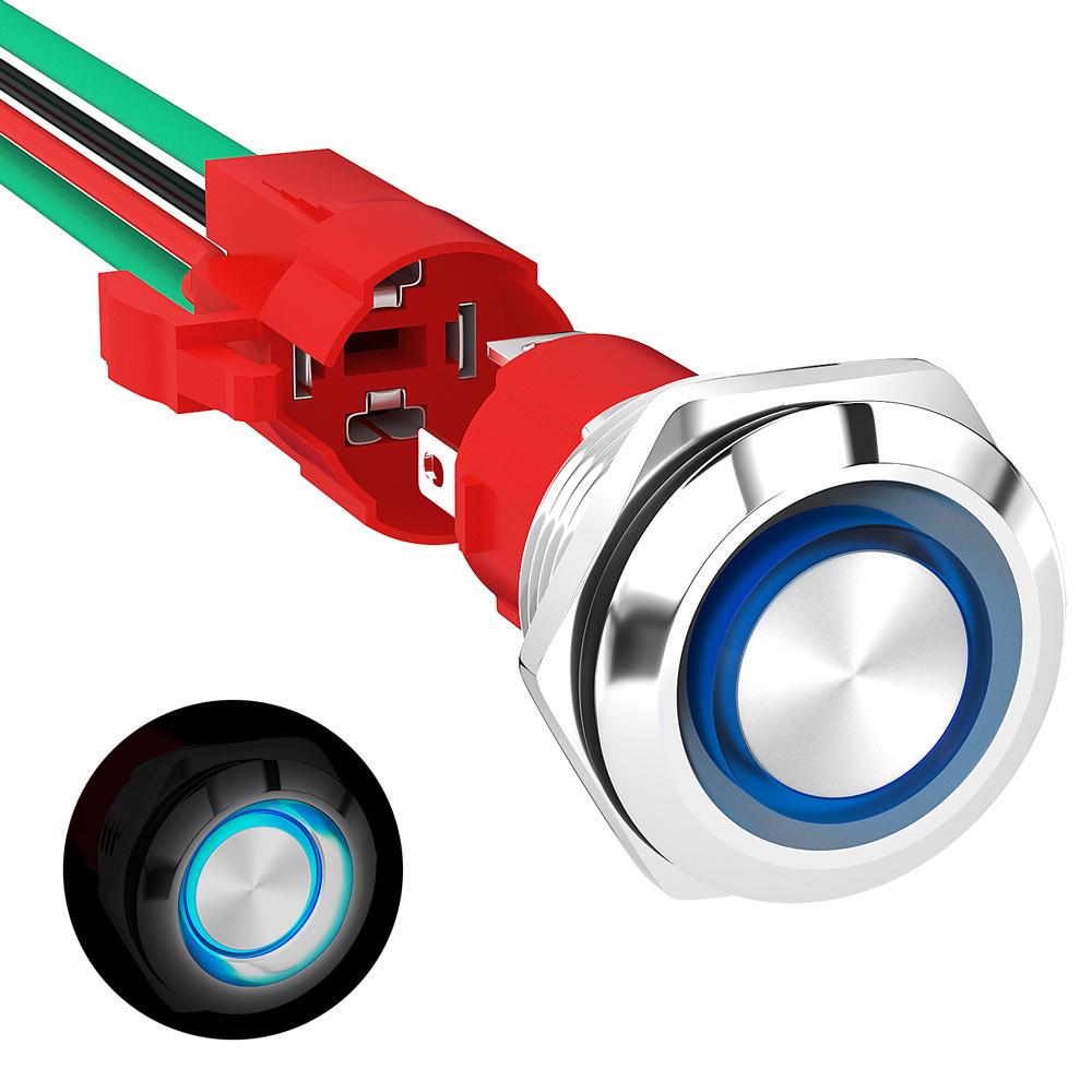 TEMU 19mm 20a Large Current Metal Momentary Push Button Switch With 4 Pins, Non-locking, 12v Blue Ring Light, Nickel-plated Copper, Comes With Black Gasket And Wire Connector, Without Battery