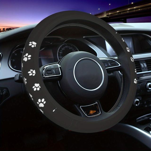 TEMU 15" Paw Print Anti-slip Steering Wheel Cover - Polyester Fiber, No , Car Interior Decor