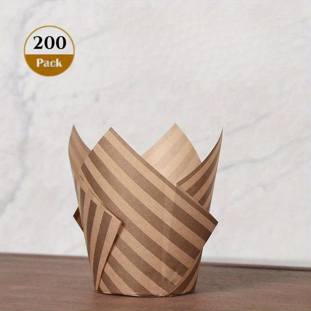 TEMU 200 szt. Foremek do Babeczek Tulipan - Nieprzecieralne Papilotki na Muffiny na Śluby, Urodziny Shower - Wzór w Paski Natury i Kawy