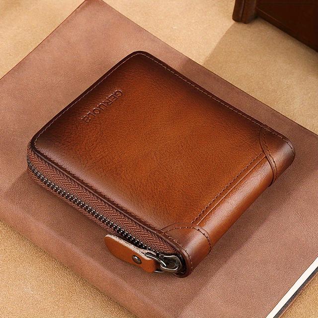TEMU Men's Genuine Leather Zipper Short Wallet, Vintage Money Clip, Multi-card Card Holder With Coin Pocket, Gift For Men