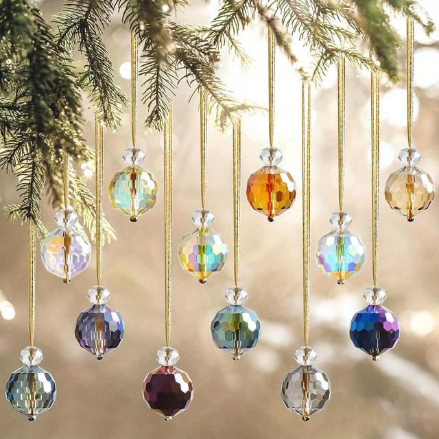 TEMU 12pcs Colorful Christmas Ball Ornaments, Chandelier Crystal Prism, For Visor, Hanging Crystals For Christmas Tree, Wedding, Party Decoration, 0.87 Inch