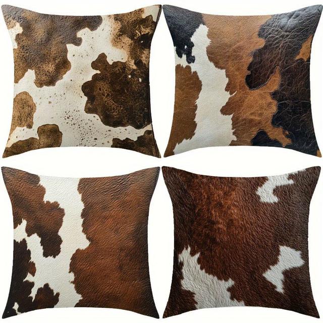TEMU 4-pack Cowhide Pattern Pillow Covers, Double-sided, Polyester, Decorative Cushion Cases For Home, Bed, Room - Decor For Anniversary, Halloween, Christmas (inserts Not Included)
