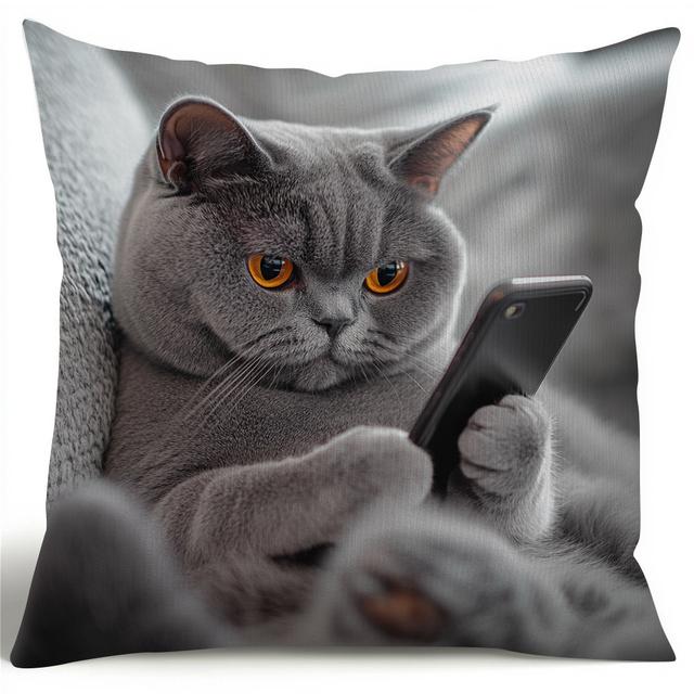 TEMU 1pc Cat With Phone Throw Pillow Cover - 2d Double-sided Print, Hidden Zipper, No Insert Needed - Living Room Decor, Graduation, Father's Day Gift - Polyester, Mixed Color
