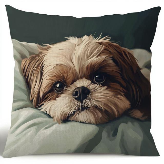 TEMU 1pc Retro Shih Tzu Double-sided Print Pillow Cover, Polyester Woven Cushion Case With Zipper Closure, Decorative Throw Pillow Cover For Home, Thanksgiving, Christmas - No Insert Included