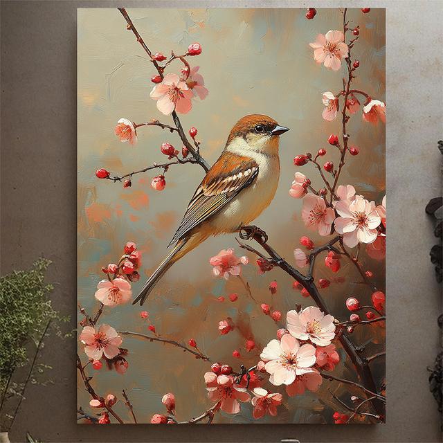 TEMU 1pc Rustic Sparrow On Flowering Branch Canvas Wall Art, 12x16inch, Nature- Decor With Blossoms And Berries, Wooden Frame, Hook Mount, 2d Flat