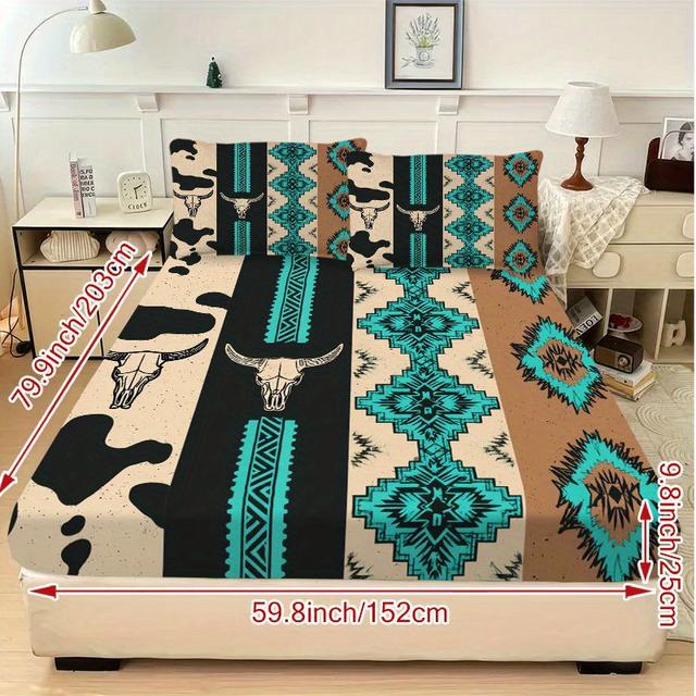 TEMU 3pcs Rustic Western Motif Strips Pattern Fitted Sheet Set - Soft And Comfortable Bedroom, And Dormitory Decorative Bedding Bed Cover Set Three-piece Set Includes 1 Fitted Sheet + 2 Pillowcases