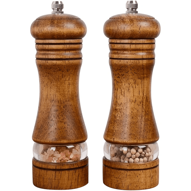 TEMU Wooden Salt And Pepper Grinder Set With Acrylic Window, Vintage Design, Wooden Color, Ceramic Core Manual Pepper Mill, Bbq Grill Tool Kit, Adjustable Coarseness - 6.5 Inches, 2pcs Set