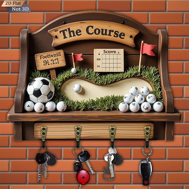 TEMU 2d Flat, 1pc, Golf Course Shaped Key Hook, Wooden Multifunctional Home Key Hook, With 4 Metal Hooks, Wall Decor, Porch Decor, Room Decor, Villa Decor, Four- Hanger Decor (11.8"x9")., 2d Flat