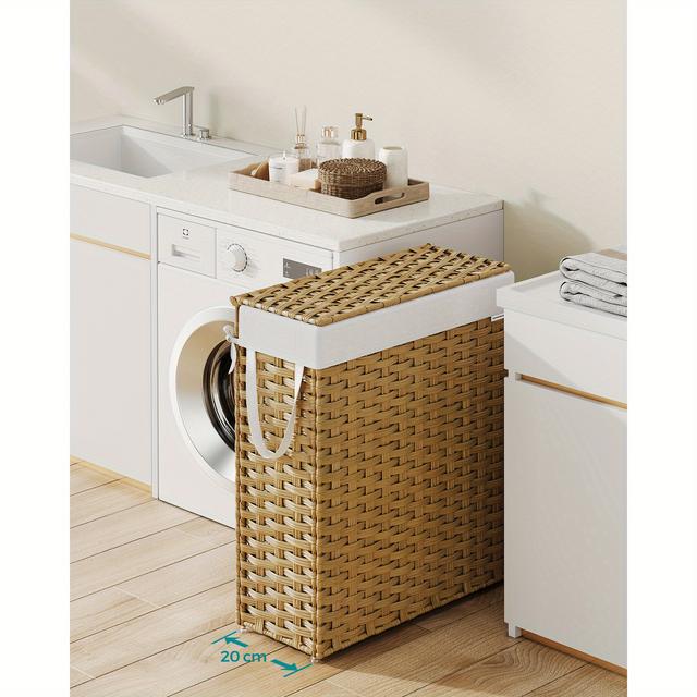 TEMU Songmics Slim Laundry Basket, 55l Synthetic Rattan Storage Basket With Lid And Handles, Wicker, Foldable, Removable Liners, For Blankets, Clothes, Laundry Room