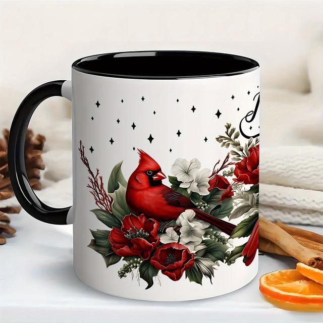 TEMU 11-ounce Ceramic Coffee Mug Featuring A Vintage With Red , Perfect For And Bird . This Rustic Botanical Cup Showcases Red Flowers And , Making It An Ideal Gift For Birthdays And Christmas