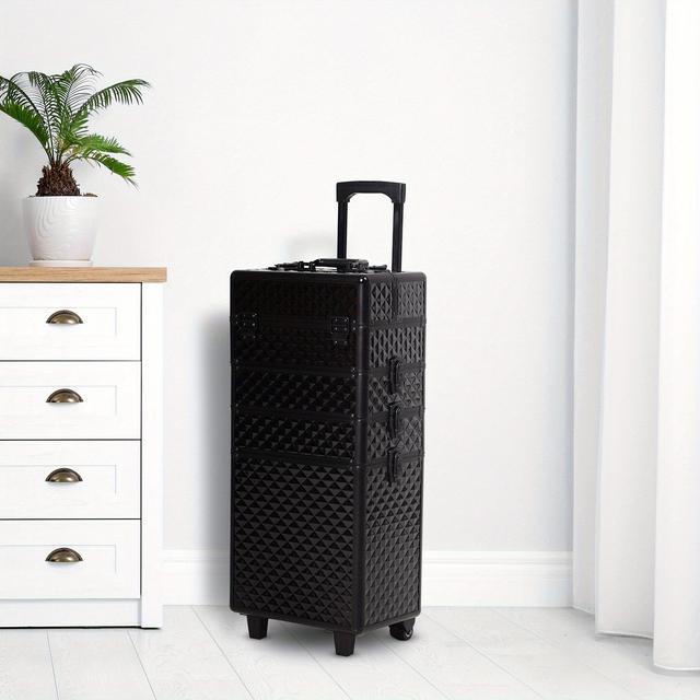TEMU Homcom 4 In 1 Portable Aluminum Makeup Train Cases, Rolling Makeup Case With , Multiple Compartments And Lift Handle For Travel, Black