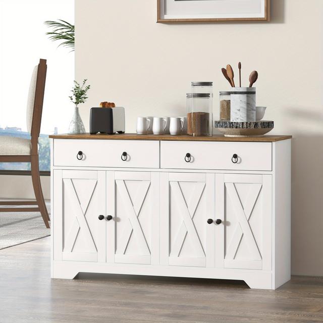 TEMU Homcom Sideboard, Buffet Cabinet With 2 Drawers, 2 Storage Cabinets, 4 Barn-style Doors And Adjustable Shelves, Farmhouse Kitchen Cabinet, White