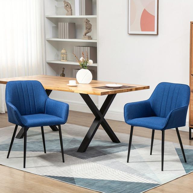 TEMU Homcom Dining Chairs Set Of 2, Upholstered Kitchen Chairs, Linen Fabric Accent Arm Chairs With Metal Legs, Dark Blue