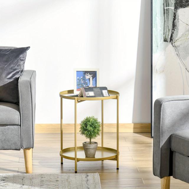 TEMU Homcom 2-tier Gold End Table, Sofa Side Table For Small Spaces, Accent Table With Removable Trays And Metal Frame For Living Room Bedroom