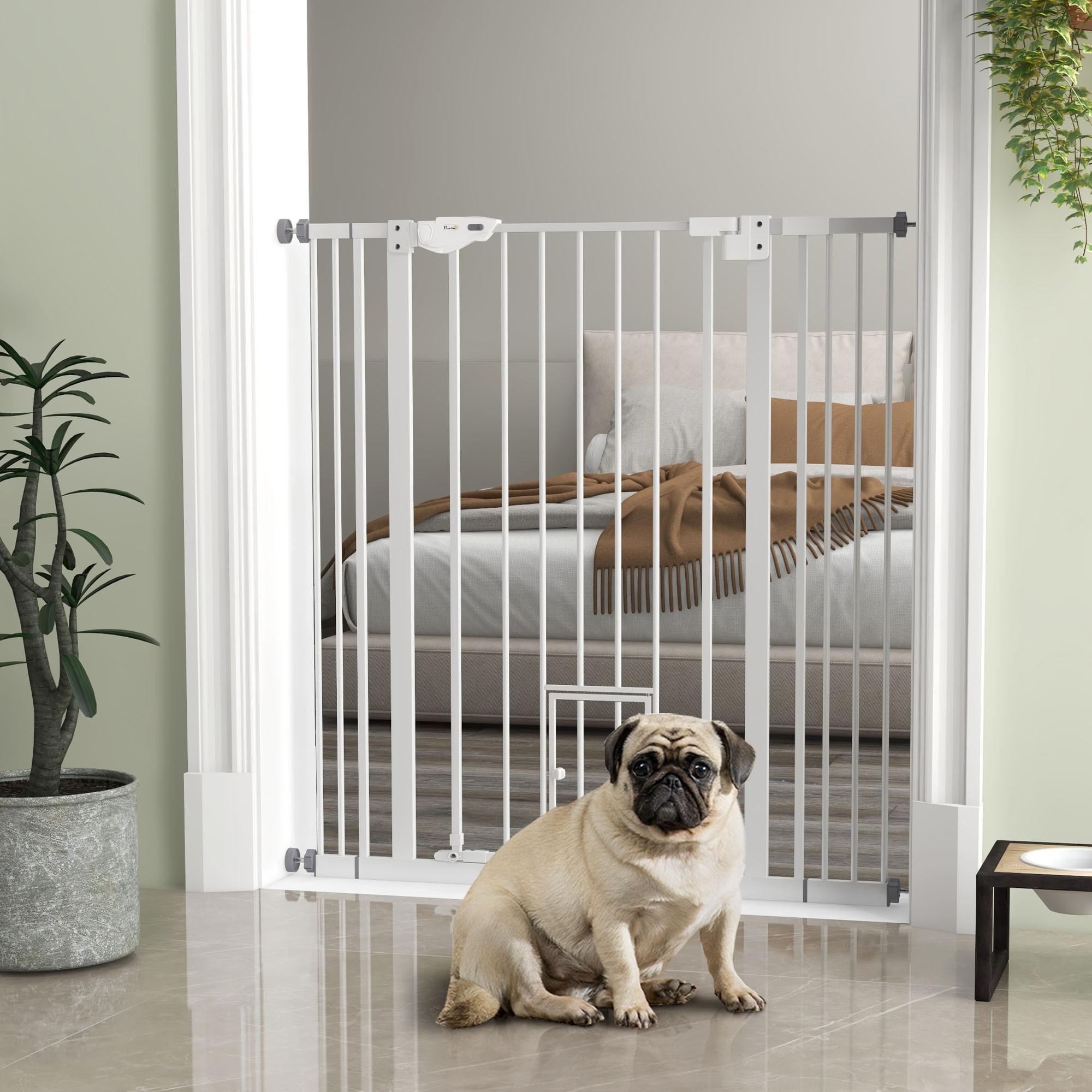 TEMU Pawhut Extra Tall Dog Gate With Cat Flap, Pet Safety Gate For Doorways Stairs With Auto Close Double Locking, 104 Cm Tall 74-101 Cm Wide, White