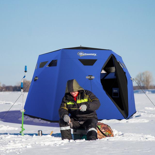 TEMU Outsunny 4-person Insulated Ice Fishing Tent - Portable Pop-up Shelter With Carry Bag, Dual Doors & Anchors, High Quality, Blue, Winter , High Quality Fabric