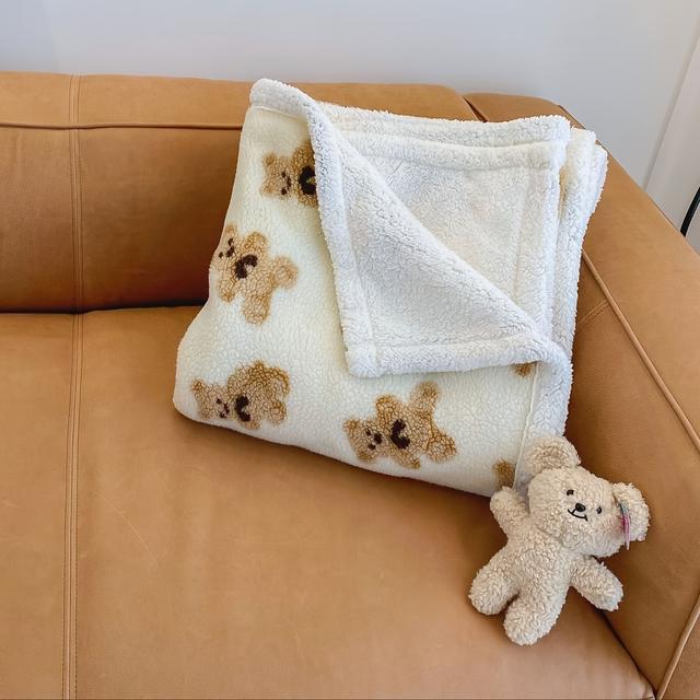 TEMU Cozy Double-layered Cartoon Bear Fleece Blanket, Soft Throw For Couch & Bed