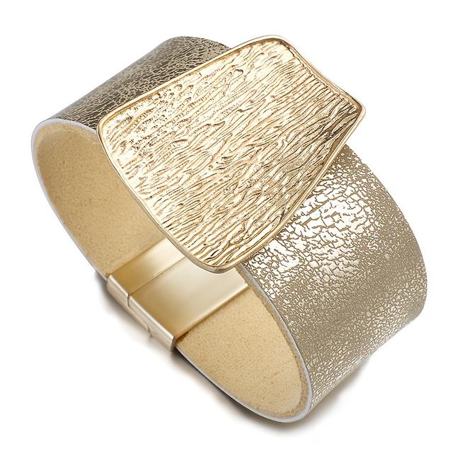 TEMU 1pc Large Wide Cuff Pu Leather Bracelet With Golden Geometric Charm - Metallic Unisex Jewelry Suitable For , Holiday Party Gift, Casual Wear Accessory - Durable Bracelets
