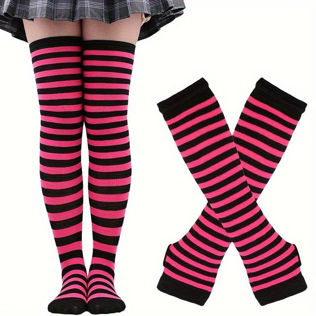 TEMU Bwomens Socks Striped Knee High Socks Arm Warmer Fingerless Gloves Set