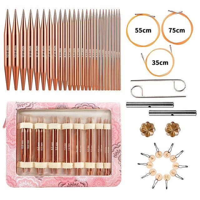 TEMU 13-teiliges Austauschbares Rundstricknadel-Set mit Etui, Größen von 3.0mm bis 10.0mm aus Aluminium für DIY-Bastelarbeiten und Häkelprojekte - Pink