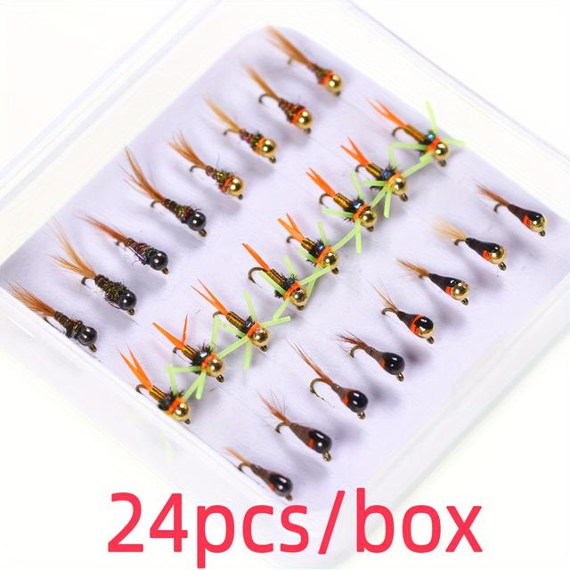 TEMU 24pcs/box #16 Bead Head Jig Nymph Fishing Wet Nymph Barbed Jig Hook Fast Sinking Euro Flies Trout Grayling Fishing Lure Baits