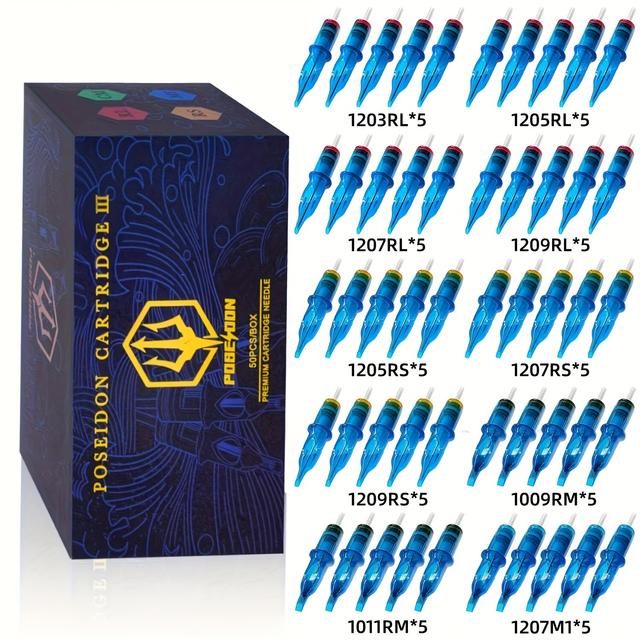 TEMU Poseidon V3 Tattoo Cartridge Needles 50pcs Assorted Sizes Needles With Membrane Safety Cartridges - 1203rl, 1205rl, 1207rl, 1209rl, 1009rm, 1011rm, 1205rs, 1207rs, 1209rs, 1207m1