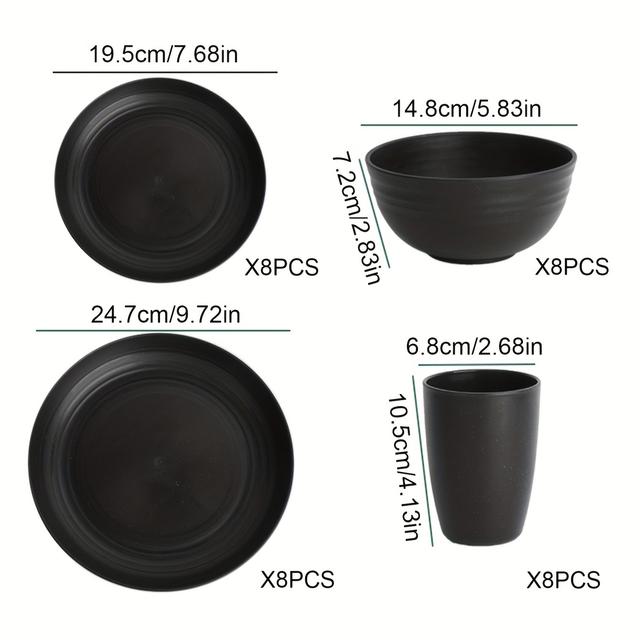 TEMU 16-32 Stück PP Geschirrset, Bruchfest Verschleißfest, Schwarze Schüssel, Tasse Runde Teller, Geeignet für Mehrere Benutzer, Spülmaschinen- Mikrowellengeeignet