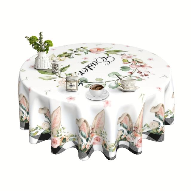 TEMU Eine Tischdecke aus Polyester mit Osterdesign, Frühlingsblumen und Hasenohren, ohne Falten, für Küche, Esszimmer und Partydekorationen zu Hause, auch ein tolles Geschenk.