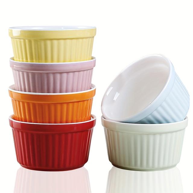 TEMU 6-pack Ceramic Ramekins, 6 Oz Oven & Microwave Safe Baking Dishes, Small Cheese Cake Cups, Sauce Dessert Pudding Bowls, Assorted Colors