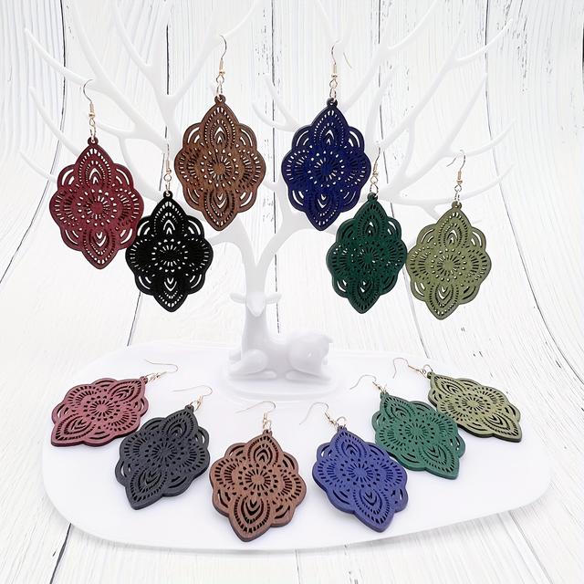 TEMU 6 / Esculpida Padrão Balançar Brincos Estilo Boêmio Clássico Jóias De Madeira Na Moda Brincos De Férias