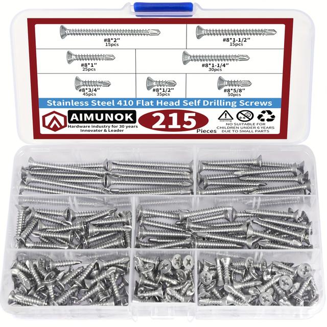 TEMU Assortment Kit Of 215pcs Of 410 Stainless Steel Phillips Self-drilling Screws For Sheet Metal, Featuring Modified Truss Head Self- In Sizes Ranging From #8 X 1/2" To #8 X 2"