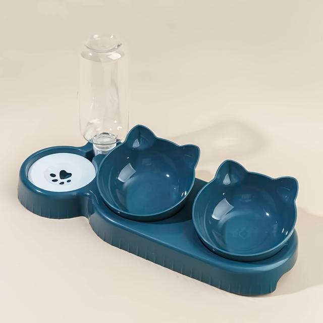 TEMU Pet Bowls With Water Feeder, 3 In 1 Ear Design Tilted Cat Water And Food Bowl Set With Gravity Water Bottle For Neck Protection